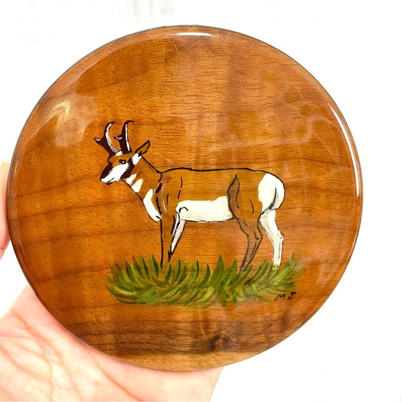 Myrtlewood Oregon Hand Painted Elk Deer Fish Flower Wall Hanging Plaque Decor - Picture 2 of 8